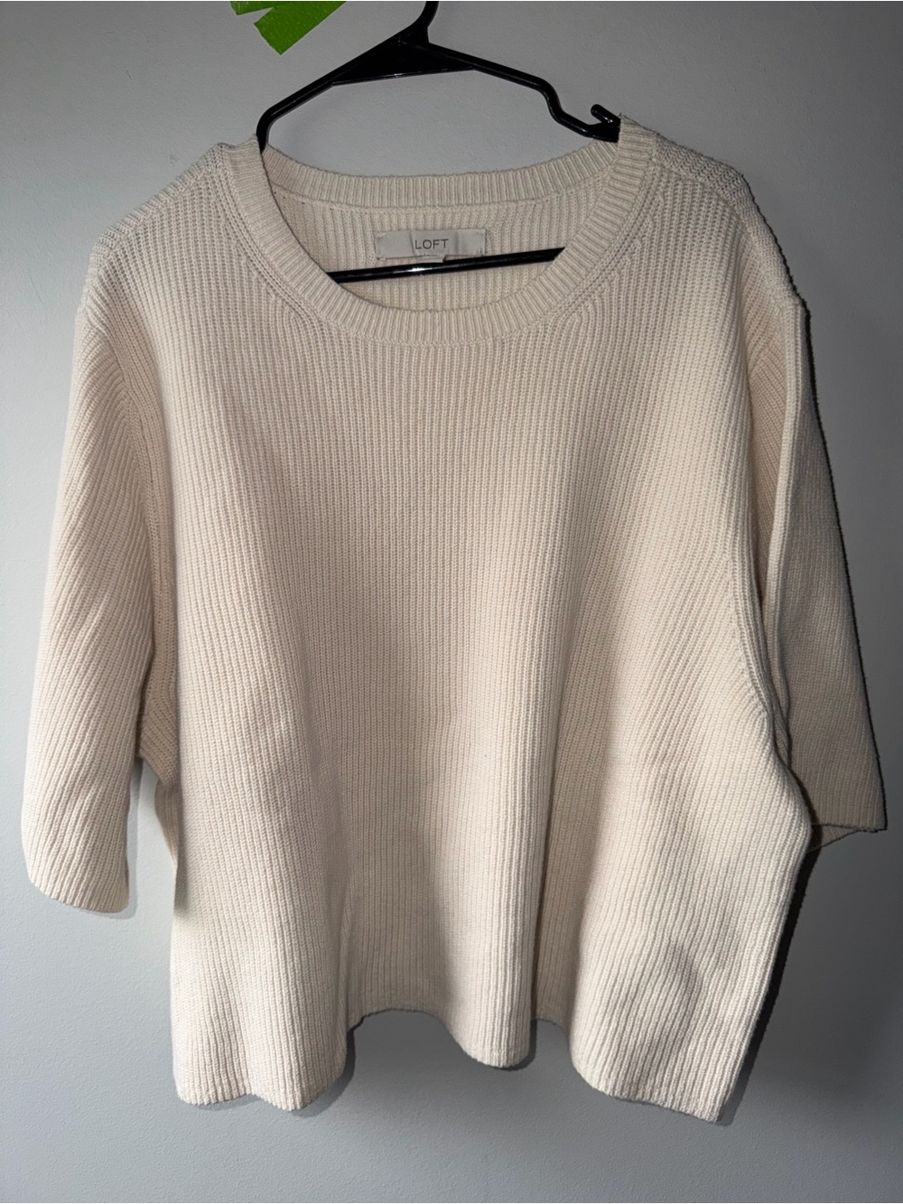 LOFT Cream Ribbed Crewneck Short-Sleeve Sweater